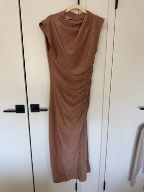 VICI Sleeveless Ruched Shimmer Maxi Pencil Dress in Bronze